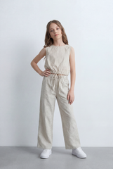 Girl's Tomato Store Linen Textured Outfit Set Sleeveless Top Elastic Waist Detail Embossed Fabric Pattern