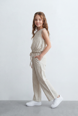 Girl's Tomato Store Linen Textured Outfit Set Sleeveless Top Elastic Waist Detail Embossed Fabric Pattern
