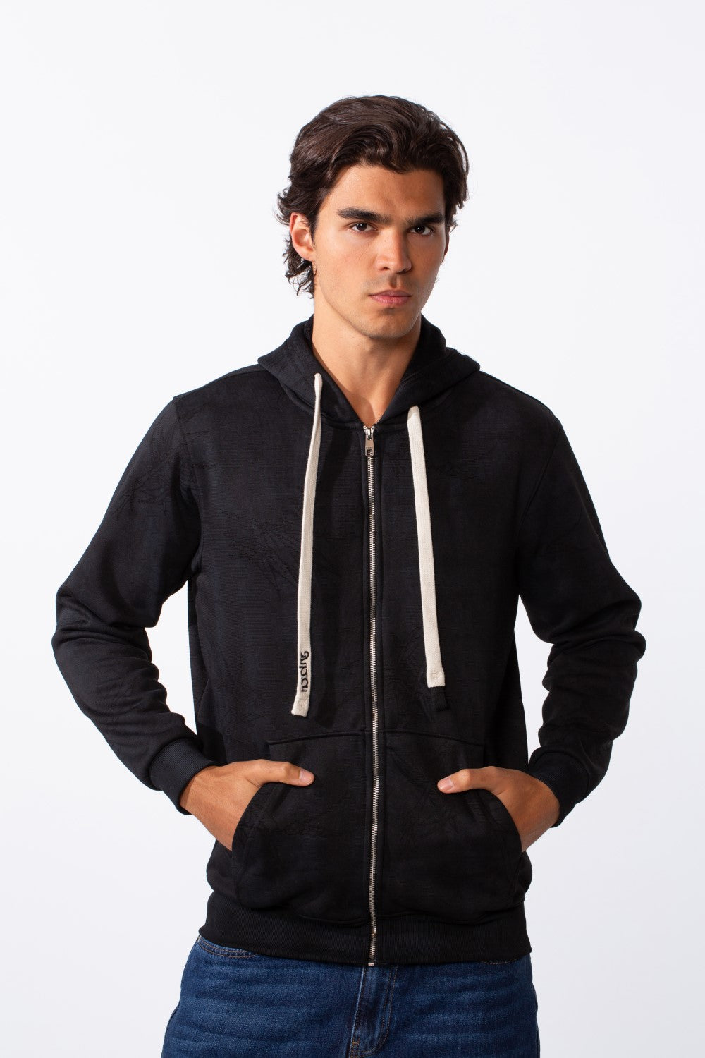 Men's washed effect slim fit full zip hood sweatshirt in black with white drawstrings.