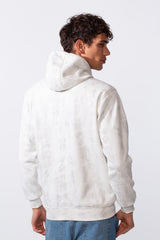 Rear view of a man wearing a white washed effect slim fit full zip hooded sweatshirt.