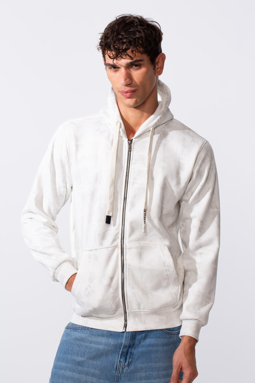 Men's washed effect slim fit full zip hood sweatshirt in white with light grey marbling.