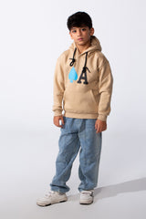 Boy's Long Sleeve Kangaroo Pocket With Front Letter Print Oversize Soft Melton Fabric For Relaxed Fit Everyday Wear Hooded Sweatshirt