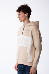 Men's Varsity Inspired Quarter Zip Bold Color Blocked Design Collegiate Style Graphics Mock-Neck Hood Kangaroo Pocket Over Sized Sweatshirt