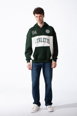 Men's Varsity Inspired Quarter Zip Bold Color Blocked Design Collegiate Style Graphics Mock-Neck Hood Kangaroo Pocket Over Sized Sweatshirt