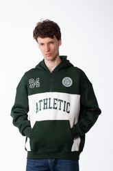 Men's Varsity Inspired Quarter Zip Bold Color Blocked Design Collegiate Style Graphics Mock-Neck Hood Kangaroo Pocket Over Sized Sweatshirt
