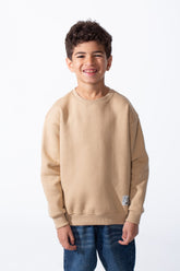 Boy's Ribbed Crew Neckline White Label Patch Dropped Shoulder Melton Slim Fit Sweatshirt