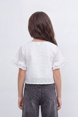 Girl's Tomato Store Eyelet Petal Overlay Cutwork Floral Embroidery Blouse Open Front Curve Single Button Detail Regular Fit