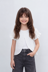 Girl's Tomato Store Eyelet Petal Overlay Cutwork Floral Embroidery Blouse Open Front Curve Single Button Detail Regular Fit