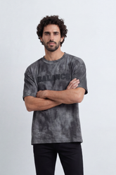 Men’s Tomato Store Balance Fade T-Shirt Relaxed Fit Cloudy Acid Wash Surface Tonal Chest Typography Print Scattered Scratch Distress