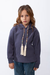 Girl’s Slim Fit Side Button Detail Hood Sweatshirt With Decorative Tassel Drawstrings