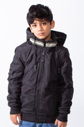Boy’s Puffer Contrast Striped Rib Collar Waterproof Hood Jacket