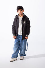 Boy’s Puffer Contrast Striped Rib Collar Waterproof Hood Jacket