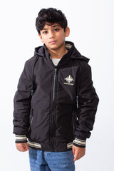 Boy’s Puffer Contrast Striped Rib Collar Waterproof Hood Jacket