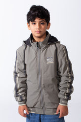 Boy’s Double Face Waterproof Stripe Sleeve Design Puffer Hooded Jacket