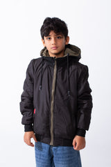 Boy’s Double Face Waterproof Stripe Sleeve Design Puffer Hooded Jacket