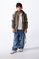 Boy’s Double Face Waterproof Stripe Sleeve Design Puffer Hooded Jacket