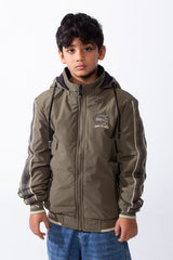 Boy’s Double Face Waterproof Stripe Sleeve Design Puffer Hooded Jacket