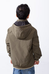 Boy’s Double Face Waterproof Stripe Sleeve Design Puffer Hooded Jacket