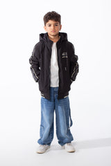 Boy’s Double Face Waterproof Stripe Sleeve Design Puffer Hooded Jacket
