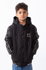 Boy’s Double Face Waterproof Stripe Sleeve Design Puffer Hooded Jacket