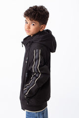 Boy’s Double Face Waterproof Stripe Sleeve Design Puffer Hooded Jacket