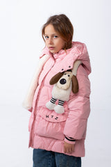 Girl’s Padded Waterproof Jacket With a Hood Featuring Faux Fur Details And a Dog Plush Charm With Front Pockets And Elastic Sleeve Cuffs