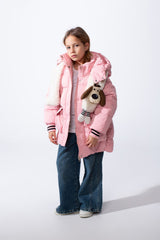 Girl’s Padded Waterproof Jacket With a Hood Featuring Faux Fur Details And a Dog Plush Charm With Front Pockets And Elastic Sleeve Cuffs