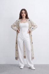 Women’s Tomato Store Boho Tile Duster Kimono Allover Geometric Embroidery Border Artwork Open Front Longline Shape Crink Cardigan Surface