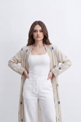 Women’s Tomato Store Boho Tile Duster Kimono Allover Geometric Embroidery Border Artwork Open Front Longline Shape Crink Cardigan Surface