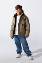 Boy's High-Neck Side Print With Pockets Long Sleeve Hooded Thermal Modern Jacket