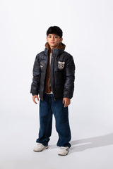 Boy's Double Layer Printed With Snap Button And Full Zip Hooded Jacket