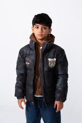Boy's Double Layer Printed With Snap Button And Full Zip Hooded Jacket