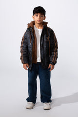 جاكيت مبطن مقاوم للماء بأكمام مخططة بطبقة مزدوجة للأولاد