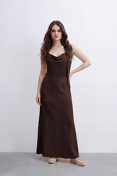 Women’s Tomato Store Cowl Back Maxi Dress Subtle Windowpane Texture Runs Through Full Length Open Back Smocked Waist Panel Single Tie Strap Side
