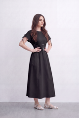 Women’s Tomato Store Cinch Button Midi Dress Smooth Matte Texture Gathered Waist Panel