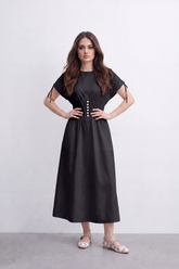 Women’s Tomato Store Cinch Button Midi Dress Smooth Matte Texture Gathered Waist Panel