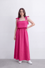 Women’s Tomato Store Calm Drape Maxi Dress Crinkled Slub Texture Layered Flounce Bodice Gathered Waist Full Length Flow