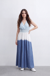 Women’s Tomato Store Horizon Ombre Maxi Dress Dip Dye Gradient Wash Flows Into Deep Border Finish Smocked Waist Detail Soft Crinkle Texture