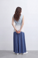 Women’s Tomato Store Horizon Ombre Maxi Dress Dip Dye Gradient Wash Flows Into Deep Border Finish Smocked Waist Detail Soft Crinkle Texture