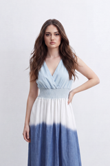 Women’s Tomato Store Horizon Ombre Maxi Dress Dip Dye Gradient Wash Flows Into Deep Border Finish Smocked Waist Detail Soft Crinkle Texture