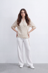 Women’s Tomato Store Wrap Stripe Top Fine Vertical Stripe Pattern Over Crinkled Surface Side Tie Detail
