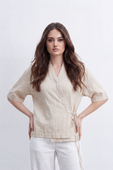 Women’s Tomato Store Wrap Stripe Top Blouse Fine Vertical Stripe Pattern Over Crinkled Surface Side Tie Detail