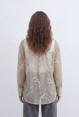 Women’s Tomato Store Sheer Botanical Blouse With Transparent Organza Texture Allover Etched Floral Branch Print