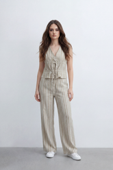 Women’s Tomato Store Sunwashed Stripe Co-Ord Set Crinkle Texture Allover Vertical Stripe Print Tie Front Outfit