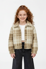 Girl's Classic Neck Long Sleeve Slim Fit Checkered Pattern Casual Wool Shirt