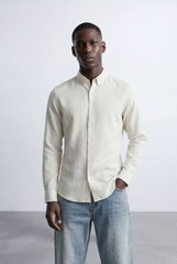 Men’s Tomato Store Tailored Regular Fit Long Sleeve Breathable Fabric Linen Blend Shirt