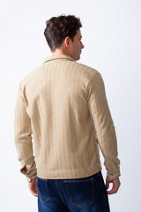 Men's Classic Neck Vertical Textured Stripe Pattern Buttoned Chest Pockets Slim Fit Trico Fabric Casual Wear Shirt
