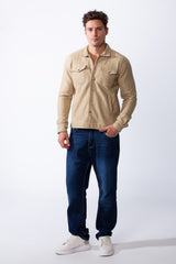 Men's Classic Neck Vertical Textured Stripe Pattern Buttoned Chest Pockets Slim Fit Trico Fabric Casual Wear Shirt