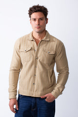 Men's Classic Neck Vertical Textured Stripe Pattern Buttoned Chest Pockets Slim Fit Trico Fabric Casual Wear Shirt