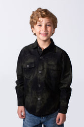 Boy's Slim Fit Long Sleeve Classic Neck With Unique Washed Print Chest Pockets Gabardin Front Button Shirt